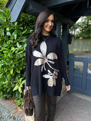 Black Applique Flower Knit Ella