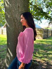 Pink Applique Ruffle Sleeve Knit Crystal