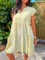Yellow Bubble Cotton Leopard Dress Crystal