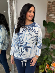 White Denim Trim Multi Leaf Sweat Top Tori