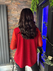 Red Sparkle Mesh Sleeve Top Lucy