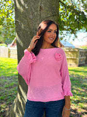Pink Applique Ruffle Sleeve Knit Crystal
