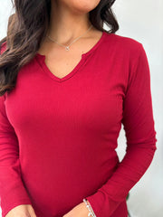 Wine Ribbed Long Sleeve Top Emma