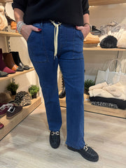 Denim Pull on Straight Leg Drawstring Jeans