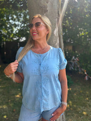 Blue Applique Flower Top Marcia