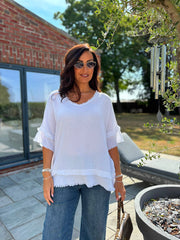 White Frayed Detail V Neck Top River