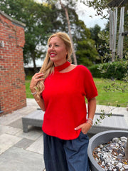 Red Asymmetric Off Shoulder Knit Cora