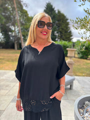 Black Sequin Trim Top Astrid