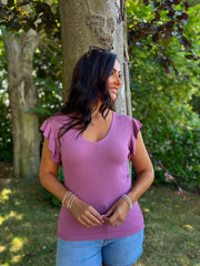 Grape Ruffle Sleeve Knit Top Hannah