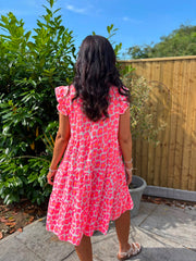 Pink Bubble Cotton Leopard Dress Crystal