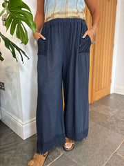 Navy Multi Hole Detail Trousers Terri