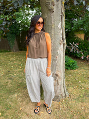 Mocha Gingham Barrel Leg Trousers