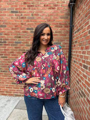 Wine Abstract Floral Blouse Gina