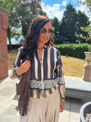 Navy Tribal Stripe Bomber Jacket