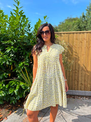 Yellow Bubble Cotton Leopard Dress Crystal