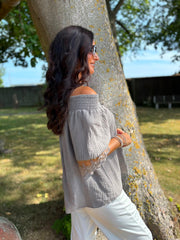 Mocha Bubble Cotton Lace Trim Top Adele