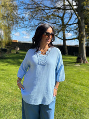 Light Blue Boho Daisy Bubble Cotton Top Skye