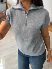 Grey Collared Short Sleeve Knit Annie