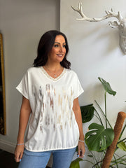 White Metallic Shimmer V Neck Tee Janine