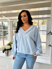 Light Blue Slogan V Neck Sweatshirt Dakota