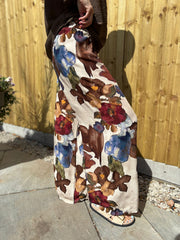 Chocolate Floral Brushwork Print Trousers
