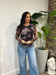 Wine Floral Mesh Top Sofia