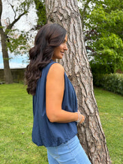 Navy Bubble Hem Sleeveless Top Scarlett