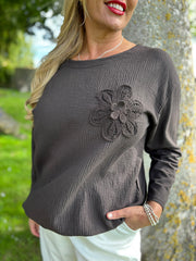 Chocolate Ribbed Flower Top Mika