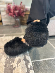 Black Fluffy Mule Slippers