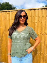 Khaki Crochet Knit Top Selina