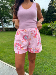 Pink Floral Print Shorts