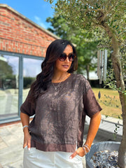 Chocolate Striped Textured Linen Top Anais