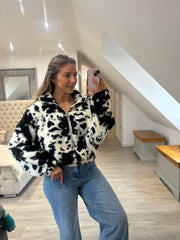 Black Cow Print Zip Fleece Janina