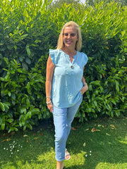 Blue Floral Frill Sleeve Top Chrissy