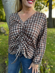 Chocolate Checked Drawstring Top Miranda