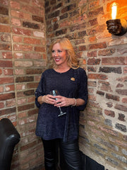 Navy Button Sleeve Shimmer Top Stevie