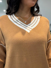 Camel Striped V Neck Sweater Set Pam