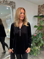 Black Velour Diamante Zip Top Cassie
