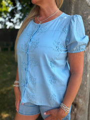 Blue Applique Flower Top Marcia