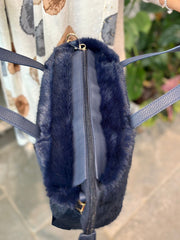 Navy Fluffy & Faux Leather Tote Bag