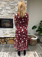 Wine Polka Dot Belted Mesh Dress Alana