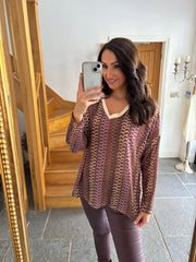 Wine Pattern Stripe Shimmer Top Freya