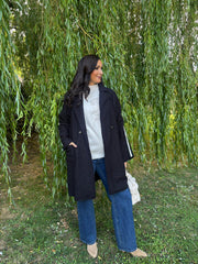 Navy Boucle Stripe Coat Detail Mia