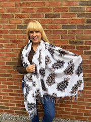 Winter White Soft Touch Tassel Flower Scarf