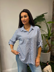 Denim Button Sleeve Gingham Blouse Opal