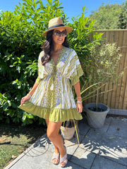 Olive Multi Print Kaftan Tunic Dress Fern