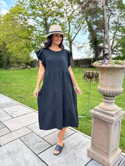 Black Frill Sleeve Bubble Cotton Dress Mae