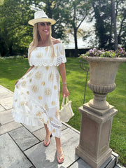 White Bardot Embroidered Dress Goldie