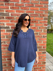 Navy Boho Daisy Bubble Cotton Top Skye