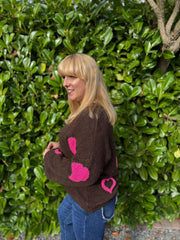 Chocolate & Pink Heart Knit Cardigan Denise